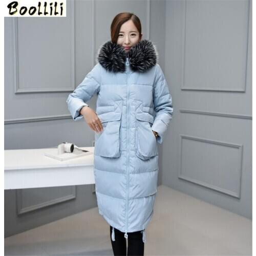 Boollili Maxi Size 6XL Womens White Duck Down Jackets Raccoon Fur Collar Long Parka Winter Jacket Women Thick Coat Casaco