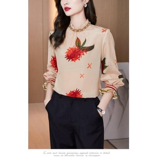 Silk shirt women spring 2021 new ladies beaded fungus stand-up collar retro printing mulberry silk long-sleeved top