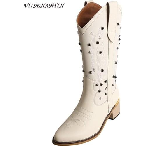 Nubuck Leather Stitching Denim Embroidered Rivet Mid-tube Boots Female Pointed Thick Heel Retro V-mouth Autumn New Single Boots