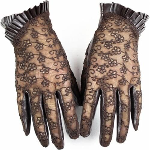 Eldiven Promotion Real Women Gloves 2018 Female Leather Gloves Touch Screen Embroidery Lace Wrinkled Sheepskin Unlined Driving