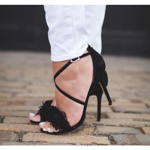 Linamong Woman Fashion Suede Black Red Gray Orange Cross Buckle Sandals Stiletto Heels Tassel Fringe High Heel Sandals Shoes