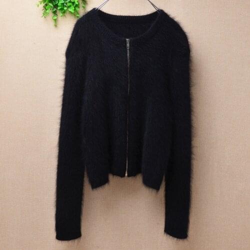 Female women fashion black hairy mink cashmere knitted long sleeves slim zipper cardigans angora rabbit fur jacket coat sweater