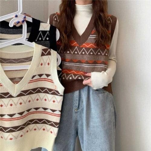 Autumn Spring Cropped Sweater Vest Women Knitted Top Korean Coat Black Sleeveless V-Neck Boho Casual Y2k Korean Style Vintage