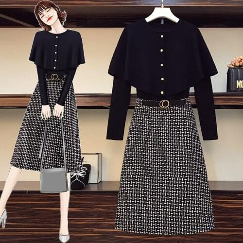 L-4XL Plus Size Women Knitted 2 Piece Set Winter Ruffles Cardigan Sweater And Female Woolen Plaid Belt Knee Skirts Suit