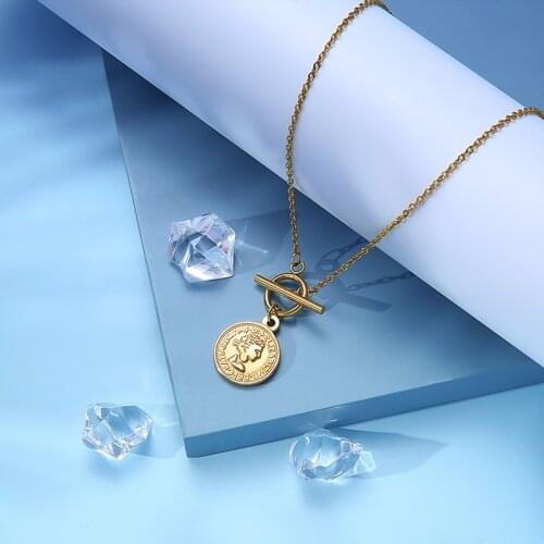 Vintage Coin Necklace For Women Stainless Steel Toggle Necklace Metal Elizabeth Medallion Pendant Choker Jewelry Collier