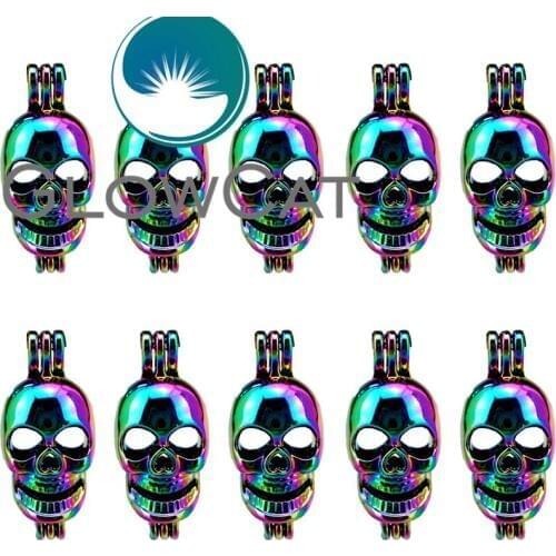 10x C60 Rainbow Punk Skull Beads Cage Jewelry Making Essential Oil Diffuser Aroma Pearl Cage Locket Pendant