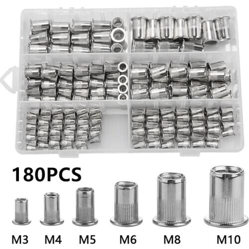 180PCS Multi-Size Insert Reveting Stainless Steel Rivet Nut Set Stainless Steel Flat Head Rivet Nuts Set M3 M4 M5 M6 M8 M10