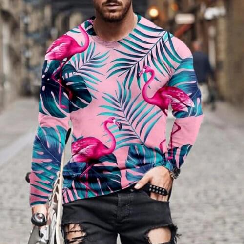 2021 hot sale green flax leaf pink flamingo 3D digital printing capless round neck long sleeve T-shirt for men and women