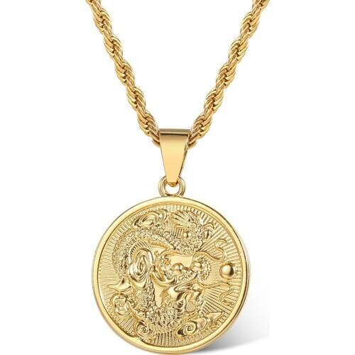 3mm Gold Color Rope Link Chain Lucky Amulet Symbol Dragon Geometric Pendant Necklace For Men Boys Fashion Jewelry Gift 24inch