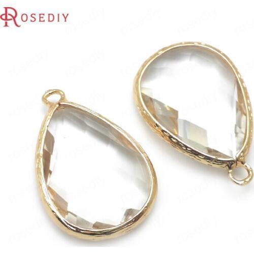 C603)6 pieces 30x20mm 24K Champagne Gold Color Brass with White Glass Faceted Drop Shape Charms Pendants Accessories