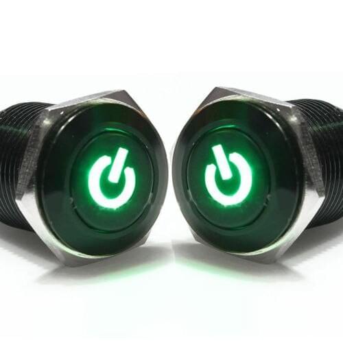 2PCS 16mm 12V Black Metal Push Button Switch Green Led Latching ON-OFF Switch