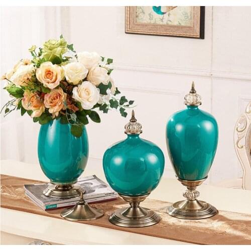 European Ceramic Ornament Flower Metals Base Living Room Vase