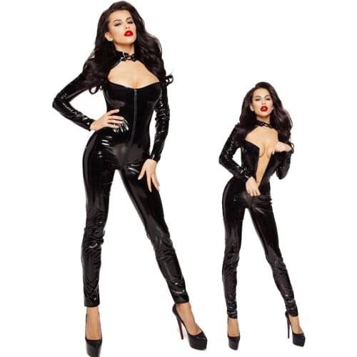 Sexy Hot Women Faux Leather Catsuit PU Club Bodysuit Front Zipper Open Crotch Jumpsuits Stretch Bodystocking Erotic Costumes