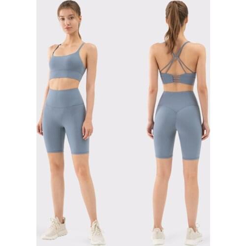 Sports Set Women X-Shaped Double Shoulder Strap Shockproof Sports Bra & High Waist Push Hip Yoga Shorts 2 Pcs Running Yoga Sets