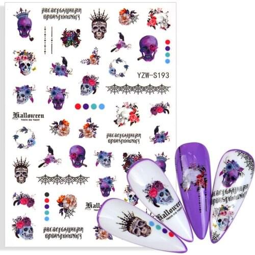 Newest Halloween Design Nail Art Sticker Decal Sexy Rose Bouquet Purple Skull Bone Letter Back Gule DIY Nail Decoration Tools
