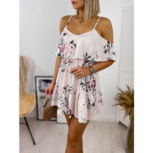 Summer Dress Femme Robe Women Print A-Line Dress Ruffles Sling Short Sleeve V-Neck High Waist Slim Mini Dress For Women Vestidos