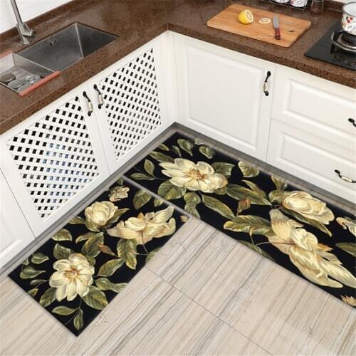 Luxury Magnolia Black Floral Mat Non-slip Kitchen Mat Long Custom Corridor Mat Bath Mat Absorbent Soft Mat Bedroom Floor