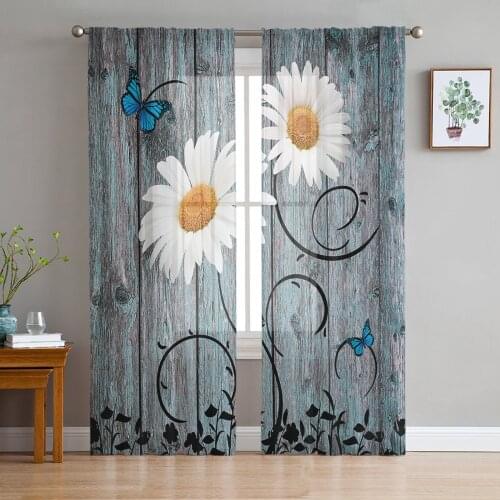 Daisy Retro Wood Grain Butterfly Tulle Window Treatment Sheer Curtains for Kitchen Living Room the Bedroom Curtains Decoration