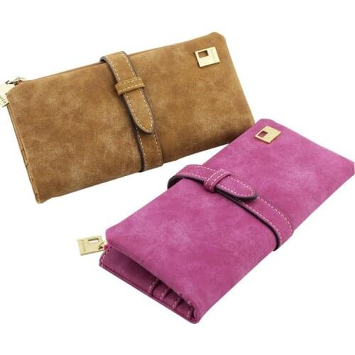 Famous Brand Long Coin Purse Two Fold Women Wallets Drawstring Nubuck Leather Zipper Wallet Card Holder Female Ladies Clutch Bag