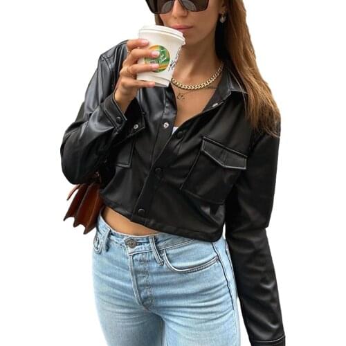 Womens jacket Black Faux Leather Cropped Autumn Vintage Elegant Coats Ladies Punk Style Thin Fashion Winter jackets