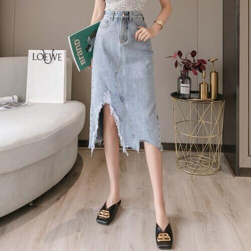 Women Skirts High Waist Denim Jeans Skirt Ladies Hole Tassel Split Long Skirt Women Sexy Blue Slit Casual Midi Skirt