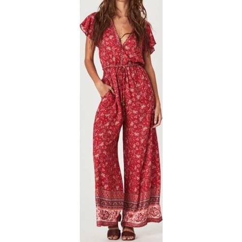 TEELYNN red Summer jumpsuit Women Ruffle sleeve V-Neck boho Wide leg jumpsuit Floral Print romper beach playsuit gypsy jumpsuits