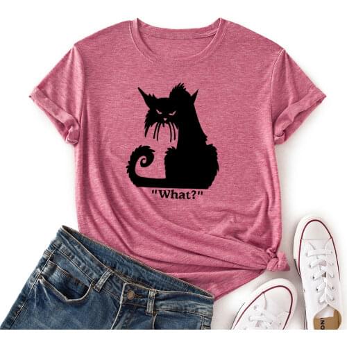 Women Crew Neck Short Sleeve Casual Summer T-shirts Graphic Tee Shirts Tops Female Clothes Cats What Shirts for Woman