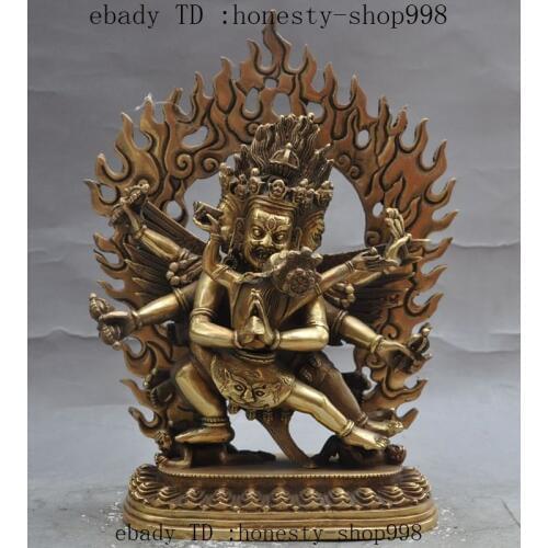 10"Tibet buddhism Brass 3 Head 6 Arms Vajra Mahakala Yamantaka god buddha Statue