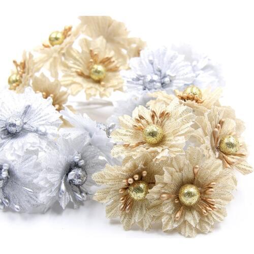 6pcs DIY Headwear Accessories Gold Silver Artificial Flowers Beautiful Wedding Festival Home Table Garden Decoration Fake Flower
