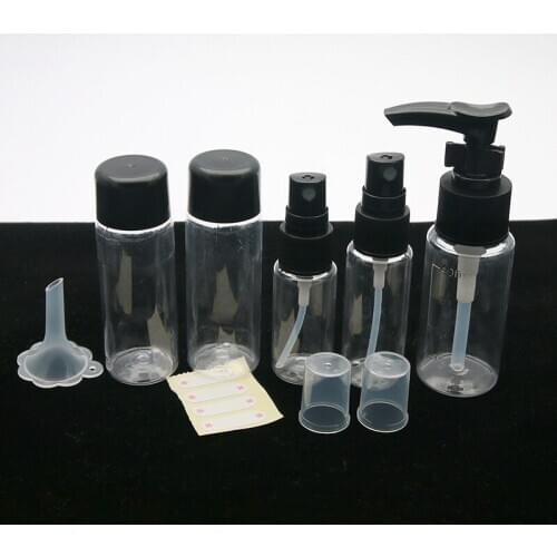 7 Pcs/Set Black Color Small Plastic Spray Refillable Bottles Kits Holiday Travel Mini Refillable Bottle
