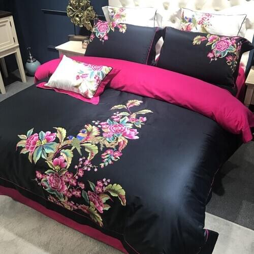80S Egyptian Cotton Embroidered Luxury Royal Bedding Set 4/6Pcs King Queen Duvet Cover Bed Sheet set Decorative Pillowcase black