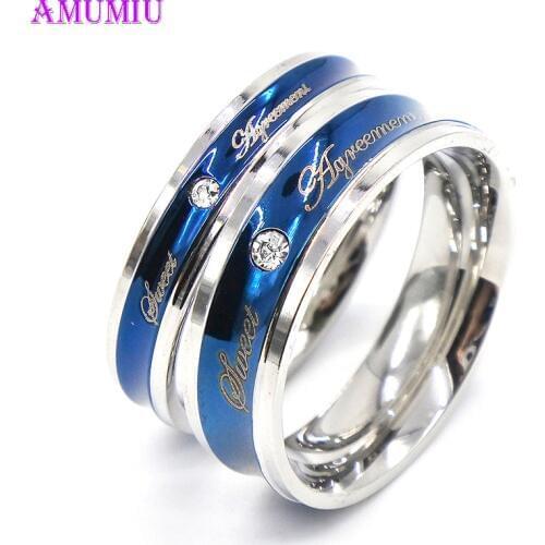 AMUMIU Blue Color Sweet Crystal Stainless Steel Couples Rings for Lover Wedding Bands Engagement Gifts Anniversary Party R002