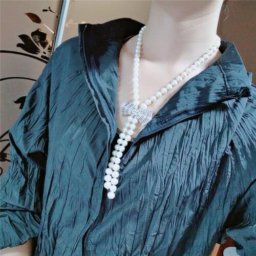 Hand knotting 8-9mm white freshwater pearl micro inlay zircon bowknot accessories necklace long 80-85cm