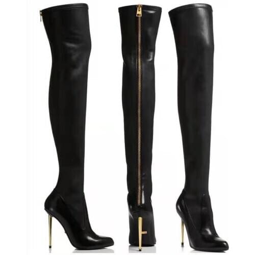 Big size 34-45 New brand women boots pointed toe stiletto high heels boots zipper sexy knee high boots women nightclub shoes