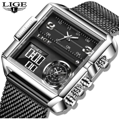 LIGE Mens Watches Square Quartz Clock Watch Fashion Multifunctional Sport Military Wrist Watch for Male Relogio Masculino+box