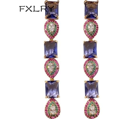 FXLRY fashion Purple color zircon square and drop-shaped cz long earringsfor women wedding bridal
