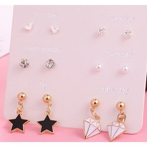 Geometric Metal Week Stud Earrings Sets Glitter Zircon Pearl Dripping Oil Stud Earrings for Women Fashion Jewelry 6 Pairs/set