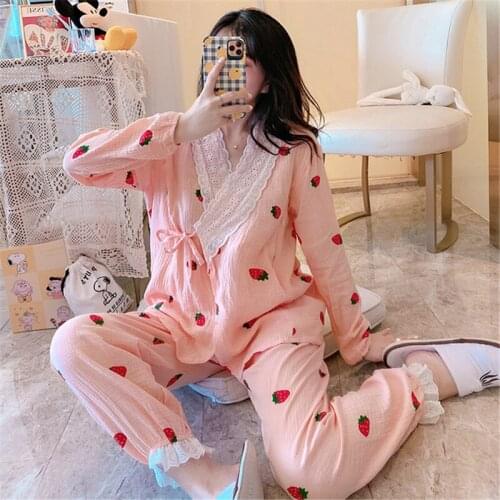 2020 new kimono robe lace pajamas cotton double crepe gauze pregnant women kimono confinement clothes loose home service suit