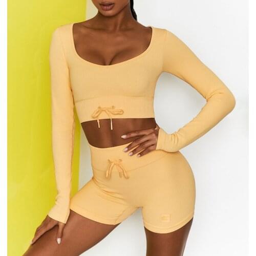 2 Piece Set Seamless Women Gym Set Workout Sportswear Fitness Suit Long Sleeve Crop Top High Waist Running Shorts Yoga Clothes