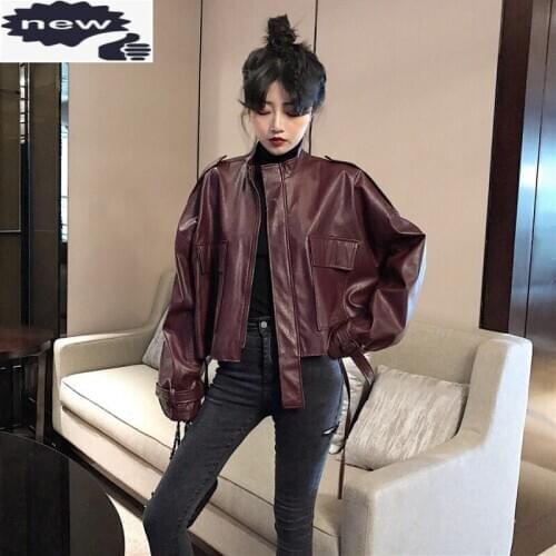 Streetwear Loose Long Sleeve Short Coat Women Casual Motorcycle Pu Leather Jacket Office Lady Stand Collar Zipper Outerwear