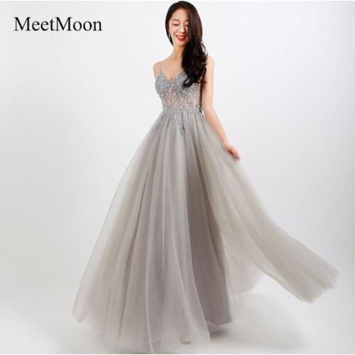 MeetMoon Handmade Sexy Illusion Beaded Bodice Spaghetti Straps A-line Evening Dress Long Formal Party Gown With Side Split