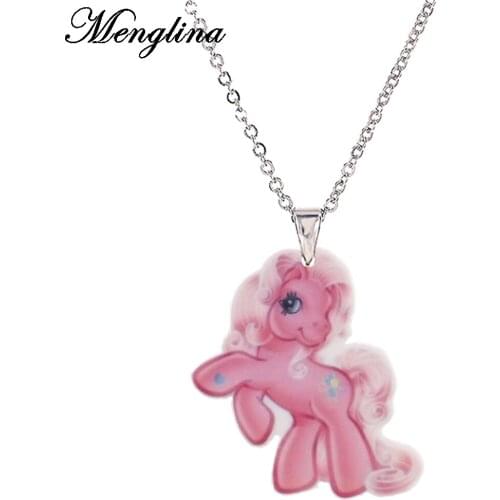 Menglina Fashion Acrylic Cartoon Pink Horse Necklace For Girls Silver Color Chains Resin Pendant Necklace Choker Jewelry