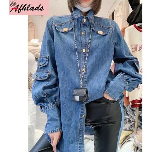 Fashion Casual Denim Jackets Womens Spring And Autumn 2021 New Long Sleeve Pocket Plus Size Loose Thin Streetwear Coats