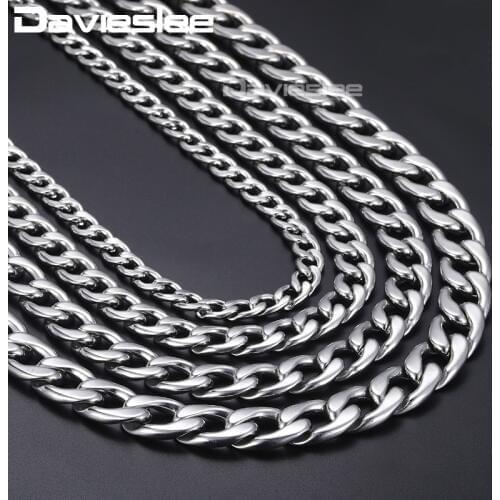 Davieslee Mens Necklace Silver Color Stainless Steel Curb Cuban Link Chain Necklace For Men Fashion Dropshipping 11-15mm DKNM37