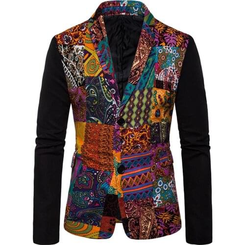 Men Print Blazer with Splicing Solid Color Men Long Sleeve Slim Blazer