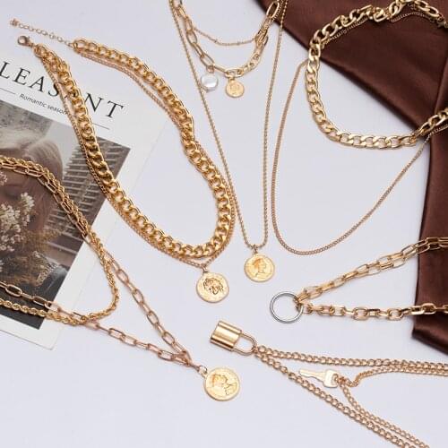 2021 Fashion Golden Chain Choker Necklace for Women Vintage Punk Metal Multilayer Lock Chain Necklace Trend Female Party Jewelry