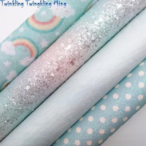 Pastel Rainbow Glitter leather, Polka Dots Rainbow Printed Synthetic Leather Faux Fabric For Bow 21x29CM Twinkling Ming KM374