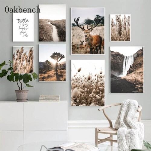 Deer Poster Autumn Hay Canvas Painting Reed Plant Wall Art Print Landscape Posters Nordic Wall Pictures For Living Room Decor