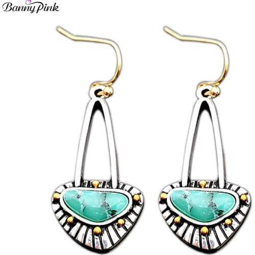 Banny Pink Vintage Turquoises Dangle Earrings For Women Ethnic Long Triangle Stone Drop Earrings Bohemia Pendant Earrings Brinco