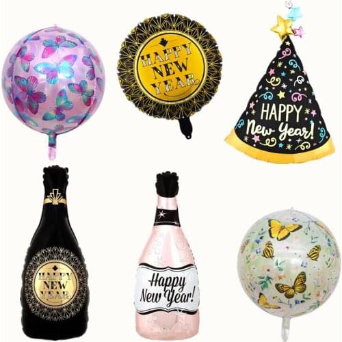 Happy New Year Wine Bottle Laser Butterfly 4D Aluminum Foil Balloon Birthday Party Christmas Anniversary Decoration Gift